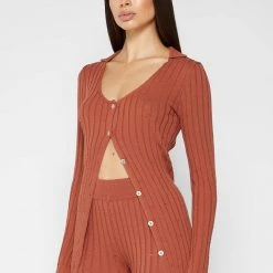 Woman Tops Distressed Knitted Longline Cardigan - Rust