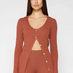 Woman Tops Distressed Knitted Longline Cardigan - Rust