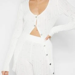 Woman Tops Distressed Knitted Longline Cardigan - White TOPS & T SHIRTS