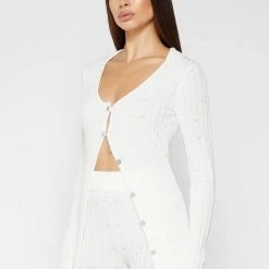 Woman Tops Distressed Knitted Longline Cardigan - White TOPS & T SHIRTS