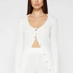 Woman Tops Distressed Knitted Longline Cardigan - White TOPS & T SHIRTS