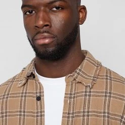 Man Shirts Distressed Check Shirt - Beige