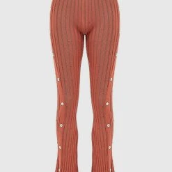 Woman Leggings Distressed Knitted Leggings With Button Detail - Rust