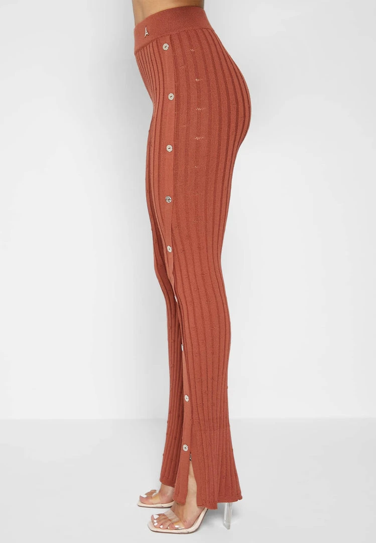 Woman Leggings Distressed Knitted Leggings With Button Detail - Rust