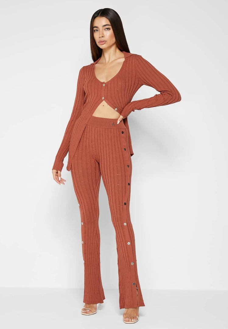 Woman Leggings Distressed Knitted Leggings With Button Detail - Rust