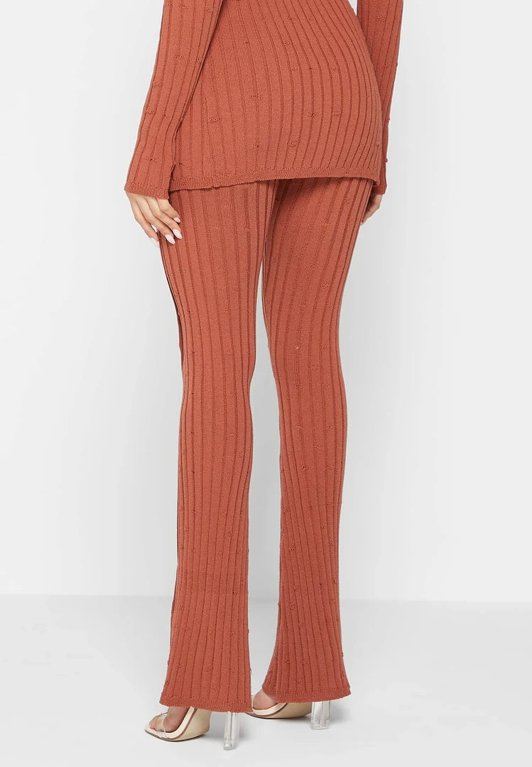 Woman Leggings Distressed Knitted Leggings With Button Detail - Rust