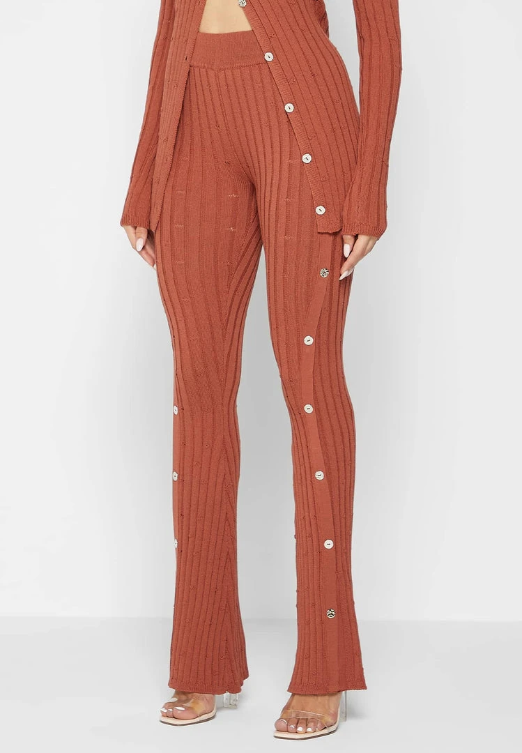 Woman Leggings Distressed Knitted Leggings With Button Detail - Rust