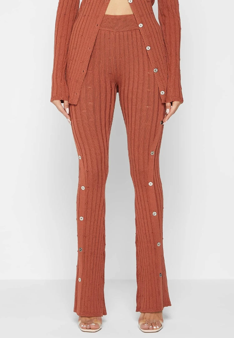 Woman Leggings Distressed Knitted Leggings With Button Detail - Rust