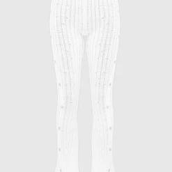 Woman Leggings Distressed Knitted Leggings With Button Detail - White
