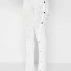 Woman Leggings Distressed Knitted Leggings With Button Detail - White