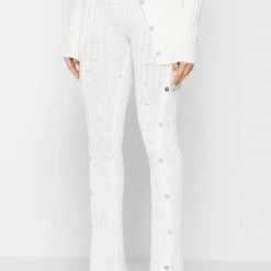 Woman Leggings Distressed Knitted Leggings With Button Detail - White