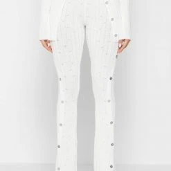 Woman Leggings Distressed Knitted Leggings With Button Detail - White