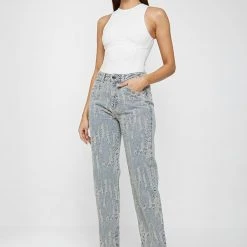 Woman Denim Distressed Mom Jeans - Ecru