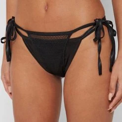 Woman Swim Double Layer Satin And Mesh Bikini Bottoms - Black