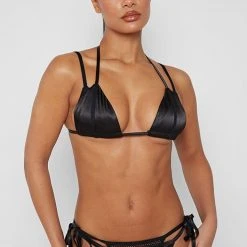 Woman Swim Double Layer Satin And Mesh Bikini Bottoms - Black