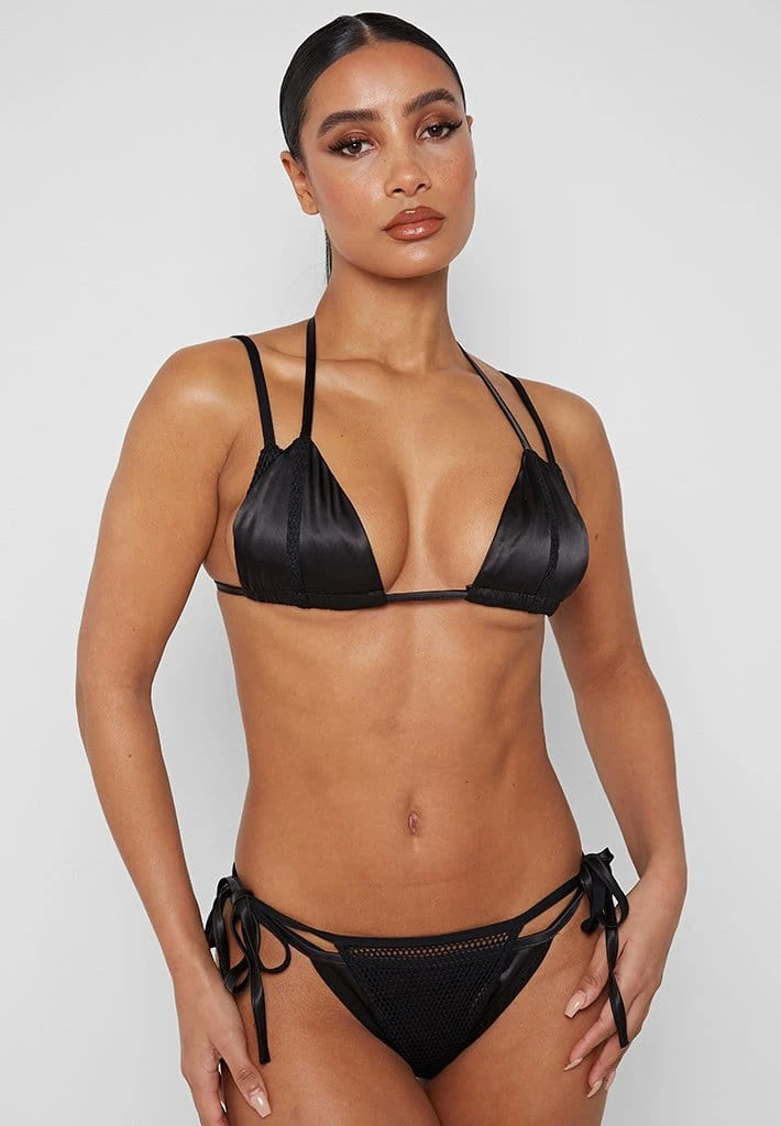 Woman Swim Double Layer Satin And Mesh Bikini Bottoms - Black