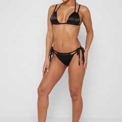 Woman Swim Double Layer Satin And Mesh Bikini Bottoms - Black
