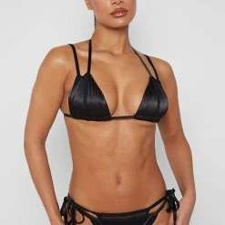 Woman Swim SWIMWEAR Double Layer Satin And Mesh Bikini Top - Black
