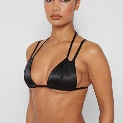 Woman Swim SWIMWEAR Double Layer Satin And Mesh Bikini Top - Black