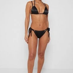 Woman Swim SWIMWEAR Double Layer Satin And Mesh Bikini Top - Black