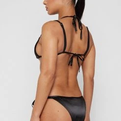 Woman Swim SWIMWEAR Double Layer Satin And Mesh Bikini Top - Black