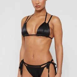 Woman Swim SWIMWEAR Double Layer Satin And Mesh Bikini Top - Black
