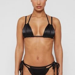 Woman Swim SWIMWEAR Double Layer Satin And Mesh Bikini Top - Black
