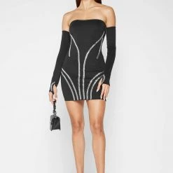 Woman Dresses Embellished Mini Dress With Sleeves - Black