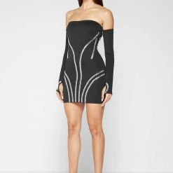 Woman Dresses Embellished Mini Dress With Sleeves - Black