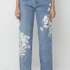 Woman Denim Flower Print Mom Jeans - Mid Blue