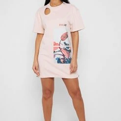 Woman Dresses Flower Print T Shirt Dress - Pale Pink