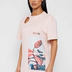 Woman Dresses Flower Print T Shirt Dress - Pale Pink