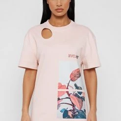 Woman Dresses Flower Print T Shirt Dress - Pale Pink