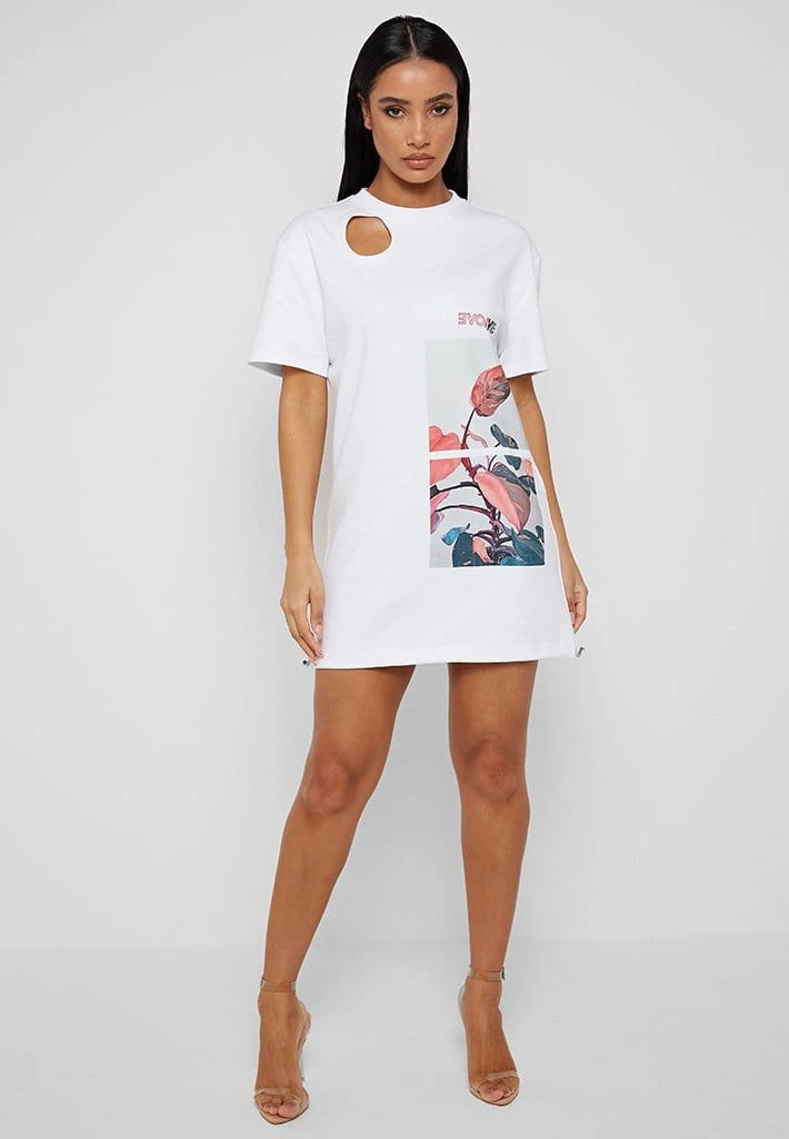Woman Dresses Flower Print T Shirt Dress - White