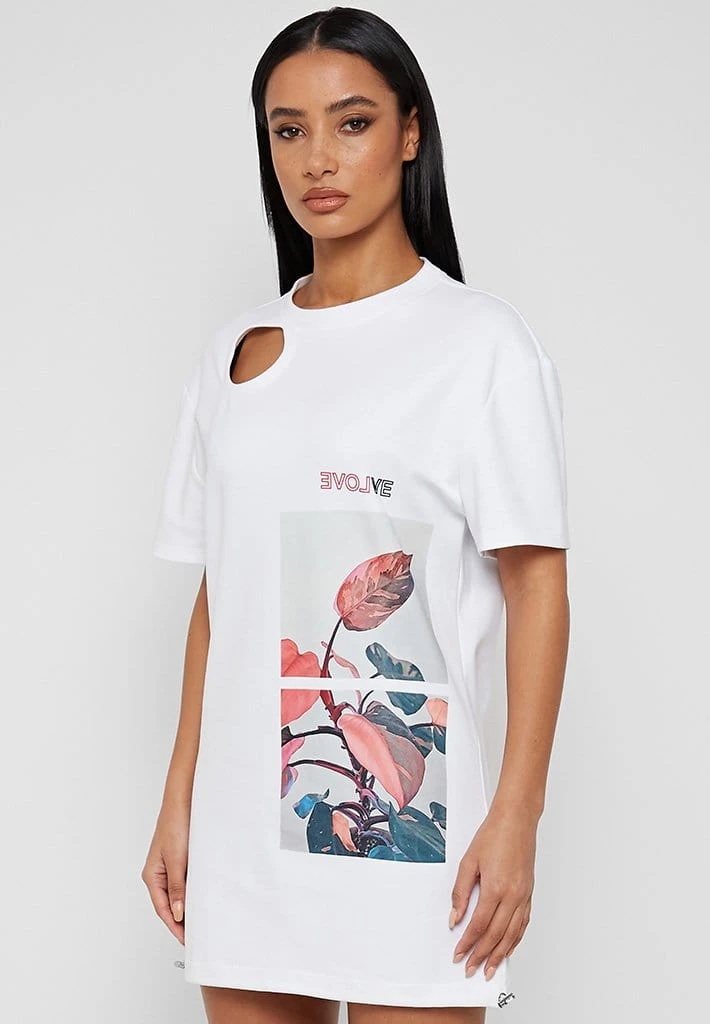 Woman Dresses Flower Print T Shirt Dress - White