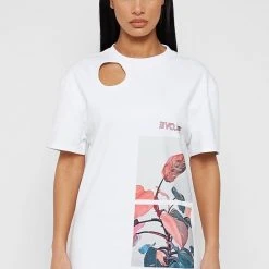 Woman Dresses Flower Print T Shirt Dress - White