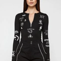 Woman Tops Graffiti Bodysuit - Black