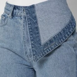 Woman Denim Half Foldover Mom Jeans - Mid Blue