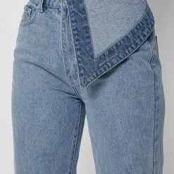 Woman Denim Half Foldover Mom Jeans - Mid Blue