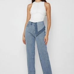 Woman Denim Half Foldover Mom Jeans - Mid Blue