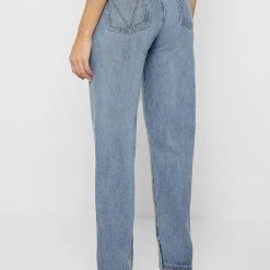Woman Denim Half Foldover Mom Jeans - Mid Blue