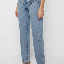 Woman Denim Half Foldover Mom Jeans - Mid Blue
