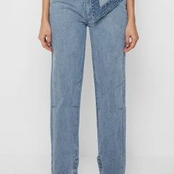 Woman Denim Half Foldover Mom Jeans - Mid Blue