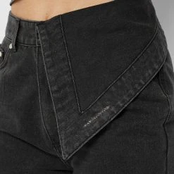 Woman Denim Half Foldover Mom Jeans - Washed Black
