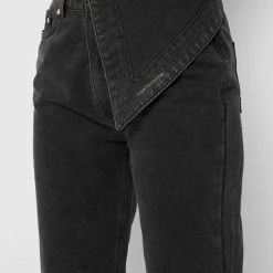 Woman Denim Half Foldover Mom Jeans - Washed Black
