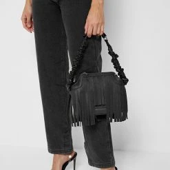 Woman Denim Half Foldover Mom Jeans - Washed Black