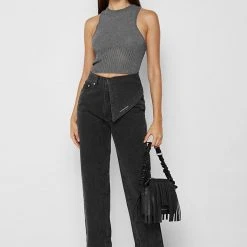Woman Denim Half Foldover Mom Jeans - Washed Black