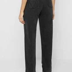 Woman Denim Half Foldover Mom Jeans - Washed Black