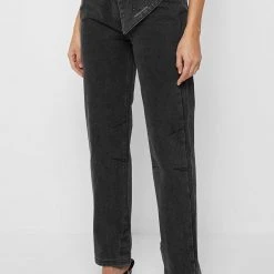 Woman Denim Half Foldover Mom Jeans - Washed Black