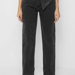 Woman Denim Half Foldover Mom Jeans - Washed Black